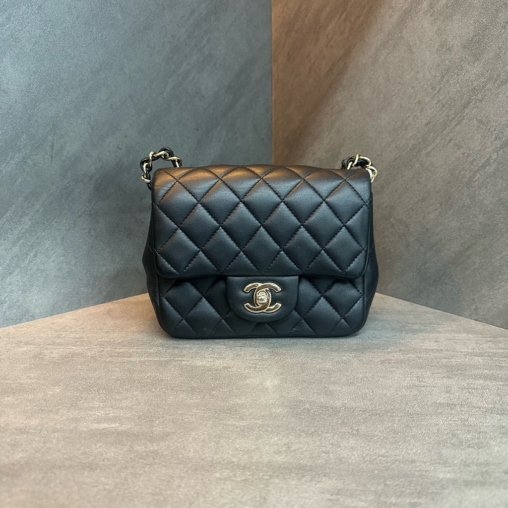 Chanel CF Square Flap Bag, black-gold lambskin with chain, 30-series code, structured shape, clean interior