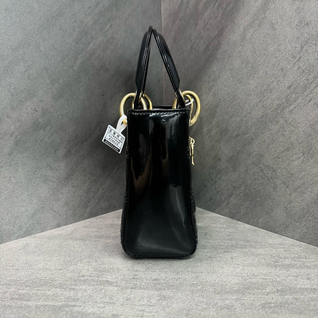Dior Lady Dior Black and Gold Patent Leather Mini Cannage Bag, 2019 serial code