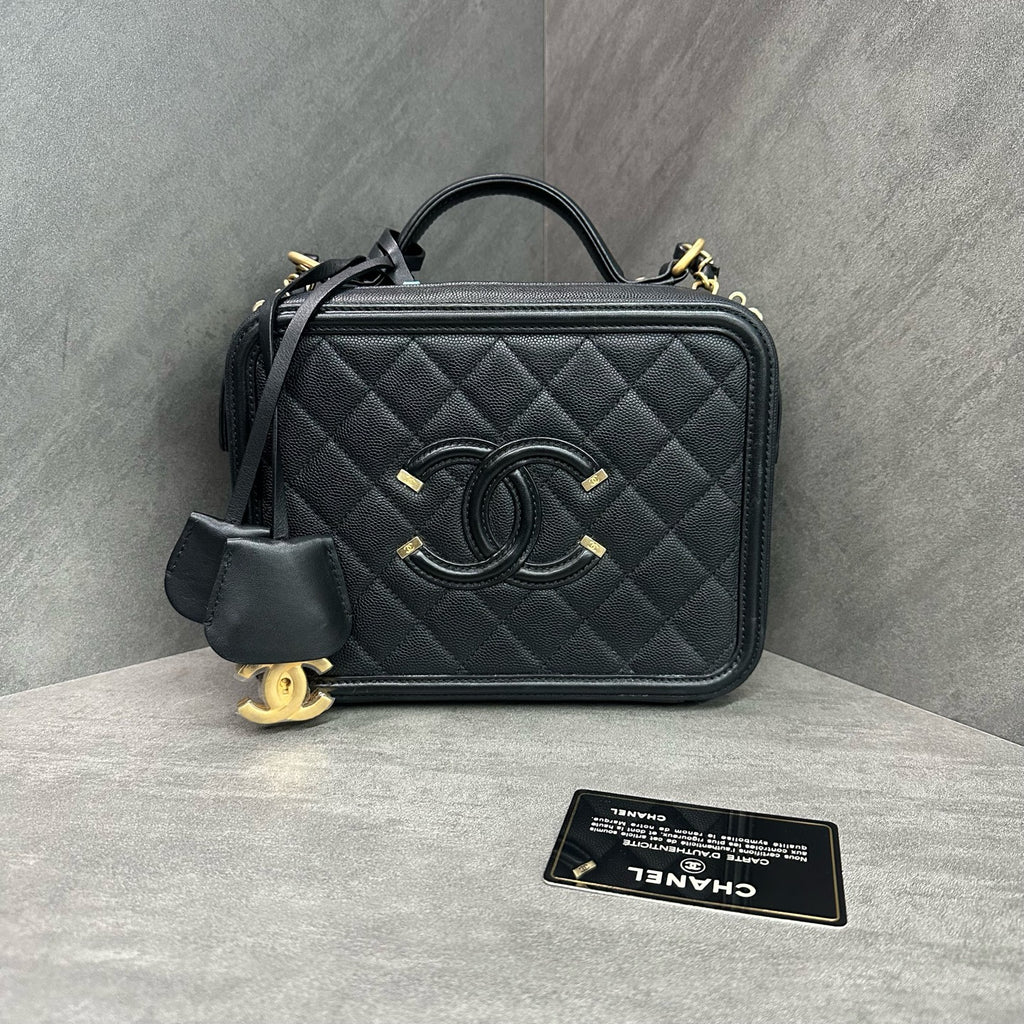 Chanel Vanity Case Black Quilted Camera Bag with Gold Hardware Medium 25 Opening with Card