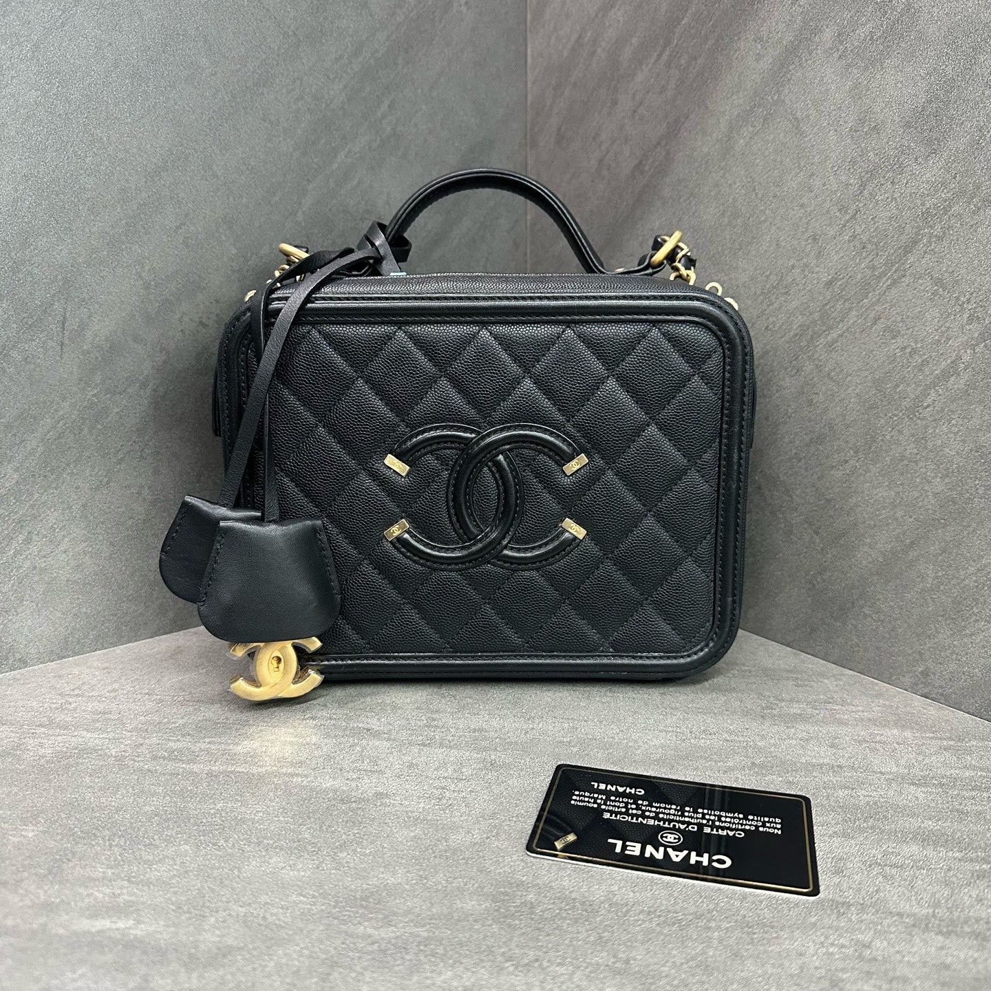 Chanel Vanity Case Black Quilted Camera Bag with Gold Hardware Medium 25 Opening with Card