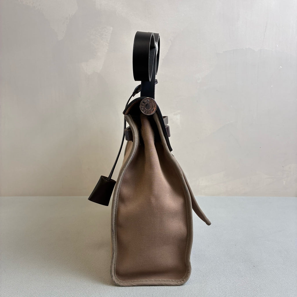 Hermes Herbag 31 Canvas and Leather, Dark Oak Color, Silver Hardware, T Stamp, 99% New