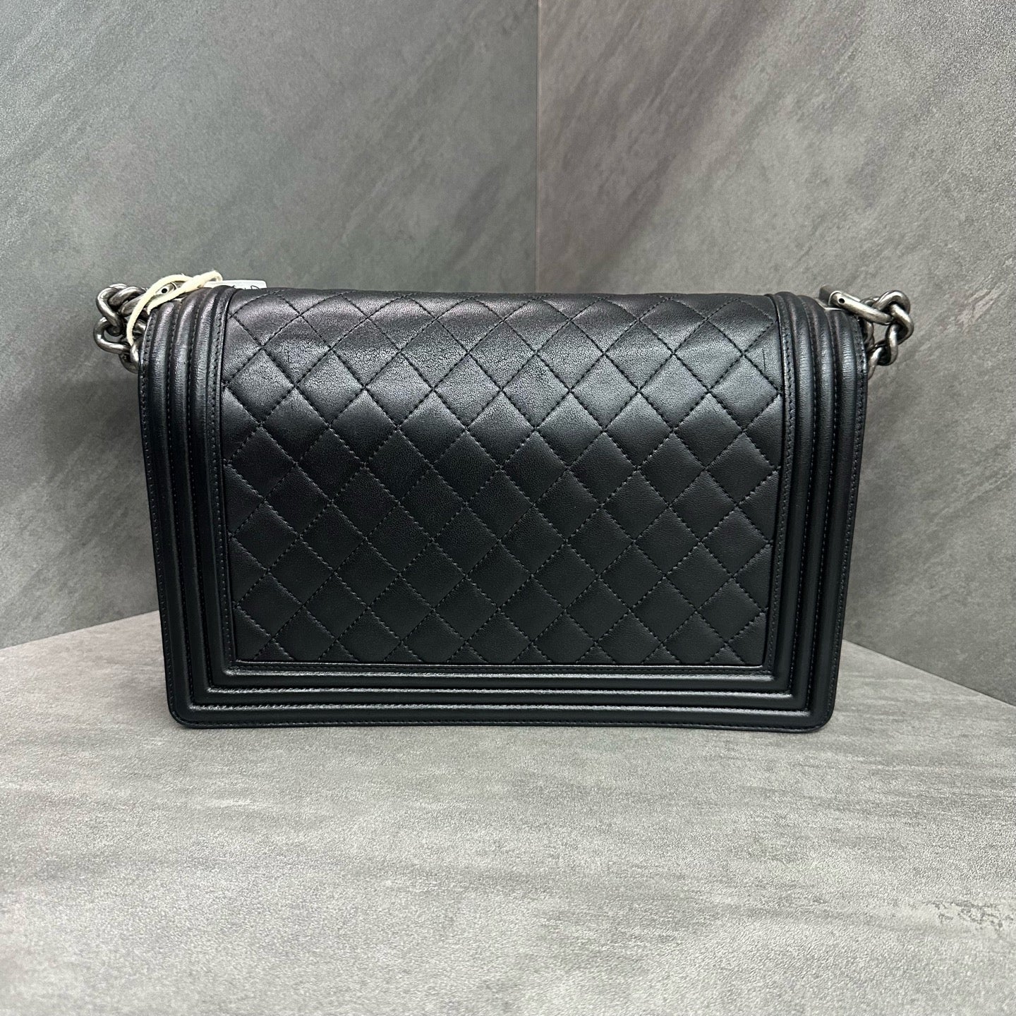 Chanel Le Boy Medium Large Black Silver Lambskin Chain Bag 20 Series, structured shape, clean interior.