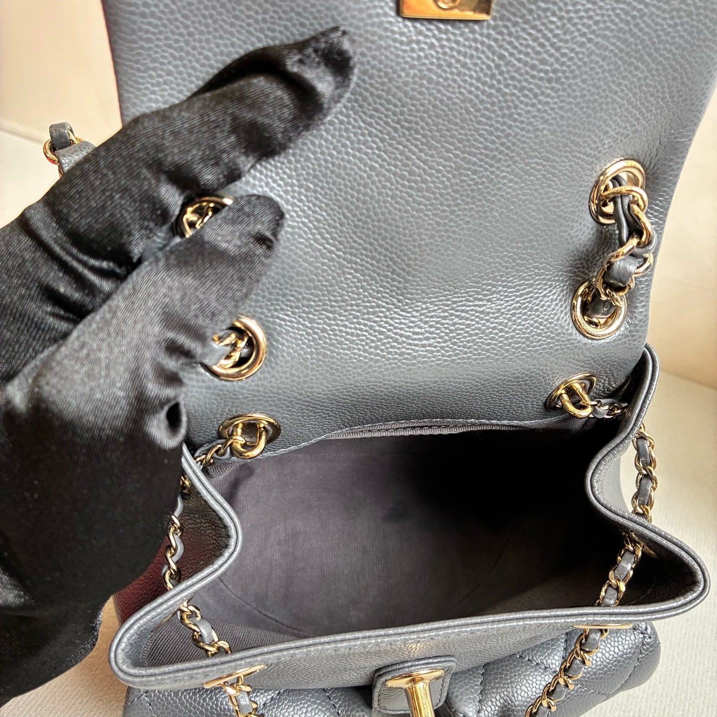 Chanel Duma Frog Bag Small Backpack in Grey and Gold Litchi Leather, 99% New, Size 18*17.