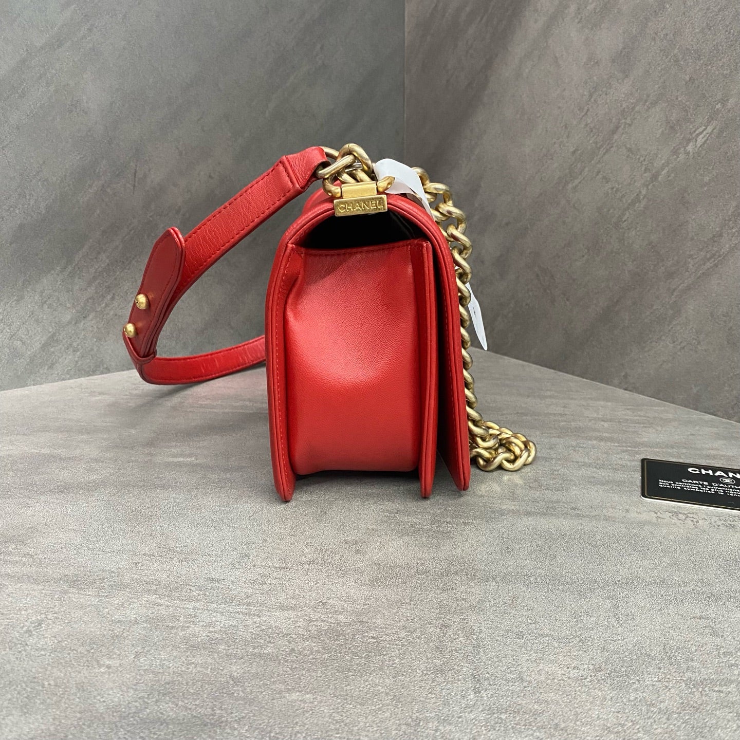 Chanel Leboy medium size red lambskin, 21 series with card, structured shape, in stock at a favorable price