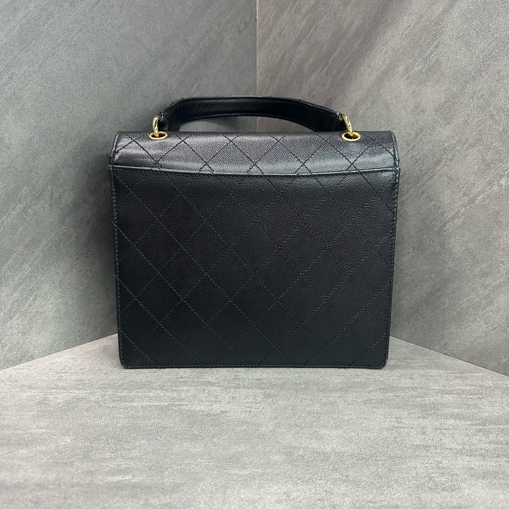 Chanel Black Gold Caviar Leather Vintage Kelly Bag, 5-series code, pristine original condition, flawless silhouette