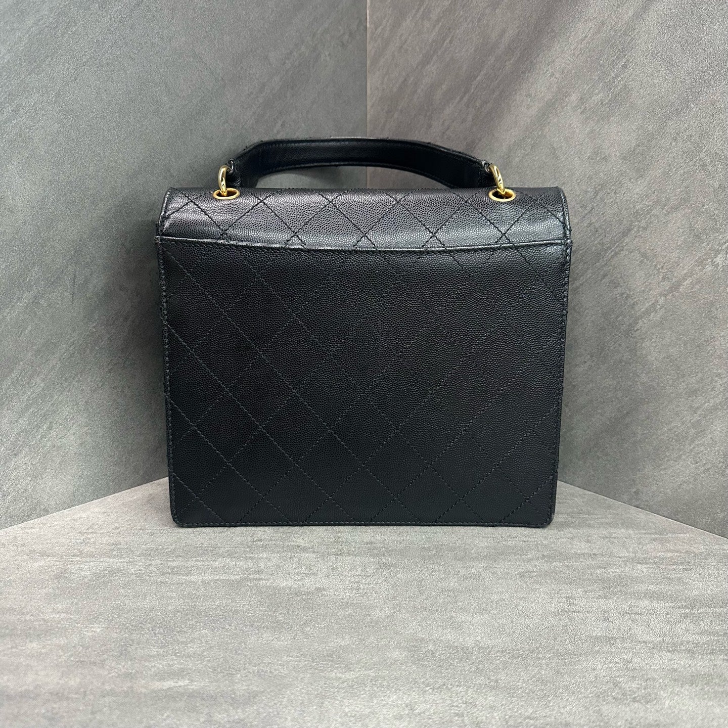 Chanel Black Gold Caviar Leather Vintage Kelly Bag, 5-series code, pristine original condition, flawless silhouette
