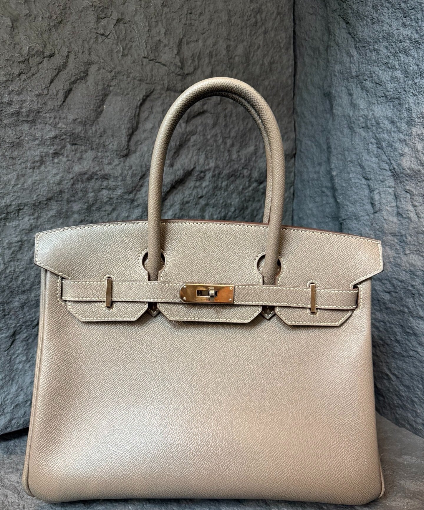 Hermès Birkin BK30 Epson Leather Elephant Grey with Silver Hardware, Inner Lined with Dark Blue, Stamp O in Square, Accessories Include Keys and Lock