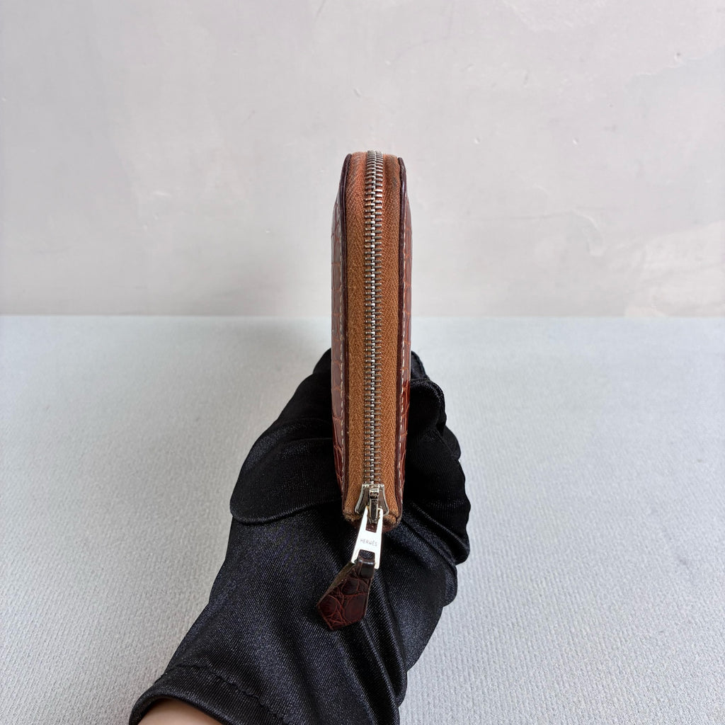 Hermès 99% new K stamp crocodile leather long wallet, red-brown color, size 20*11.