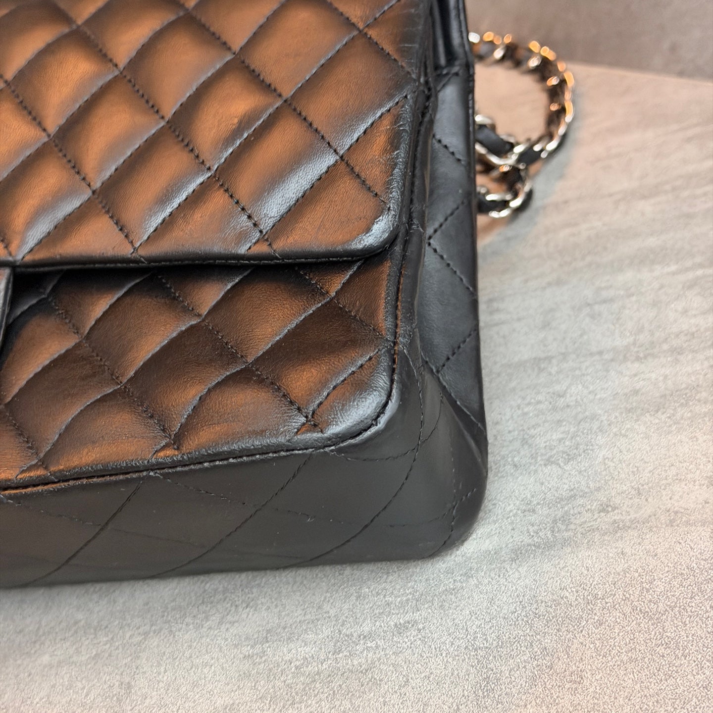 Chanel Classic Flap medium black silver lambskin bag, structured silhouette, clean interior, 15-series stamp with authenticity card