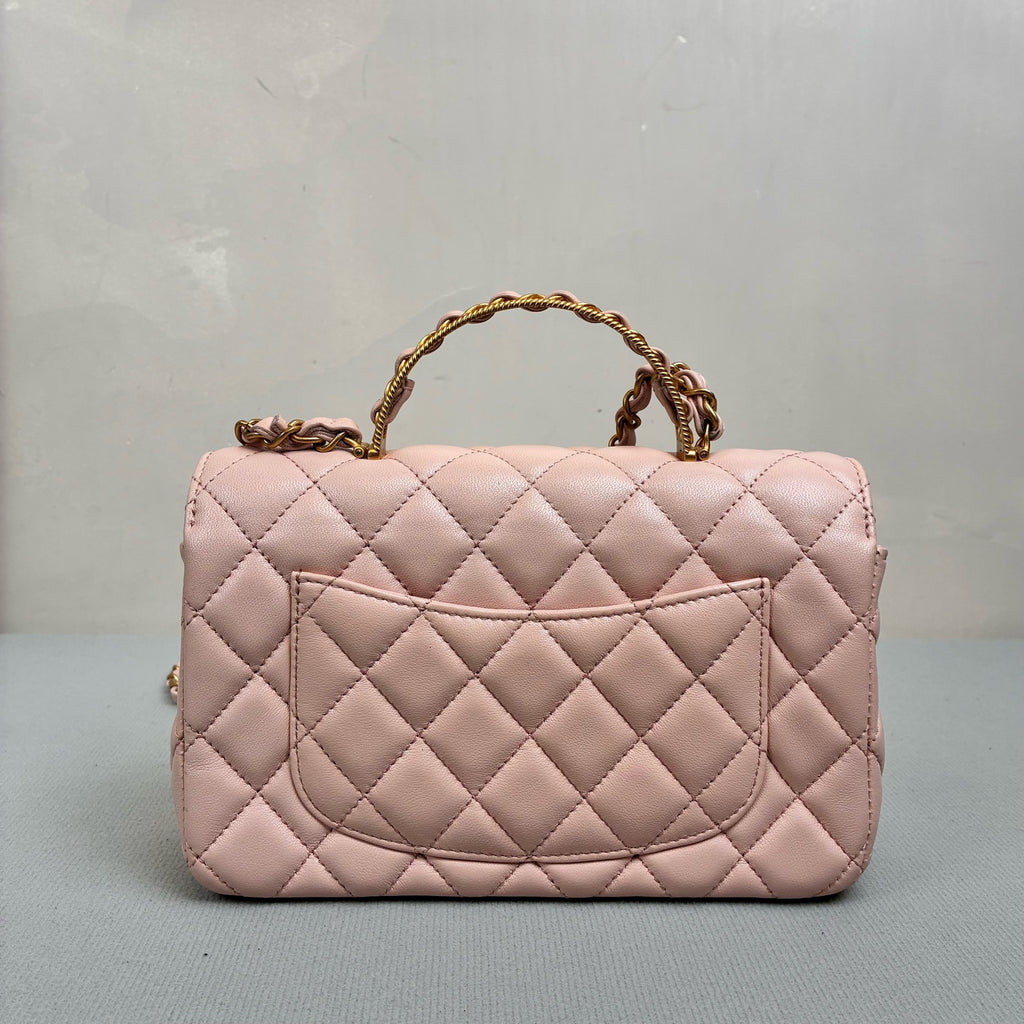 Chanel CF Mini 23K Cherry Blossom Pink Handle Chip Bag with Gold Woven Handle Classic Diamond Pattern Chain Shoulder Strap
