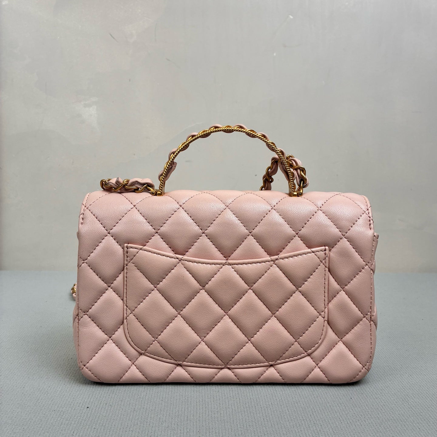 Chanel CF Mini 23K Cherry Blossom Pink Handle Chip Bag with Gold Woven Handle Classic Diamond Pattern Chain Shoulder Strap