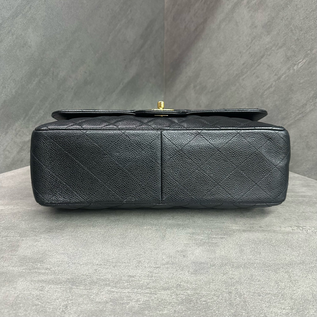 Chanel CF Jumbo black gold-tone clasp caviar leather chain bag, 24-series with authenticity card, structured silhouette, clean interior