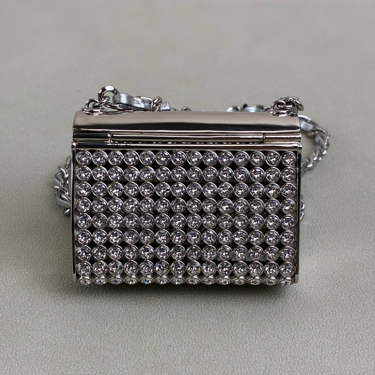 Chanel tiny bag mini silver full rhinestone necklace bag gray lambskin chain water crystal inlay size 6*