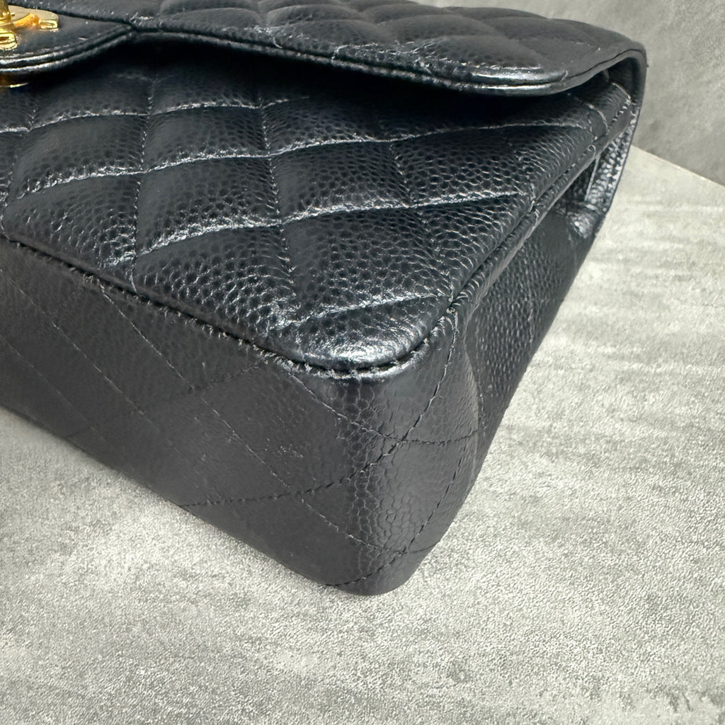 Chanel Medium Classic Flap, Black Gold, Caviar Leather, 27-series, with authenticity card, original condition, perfect shape