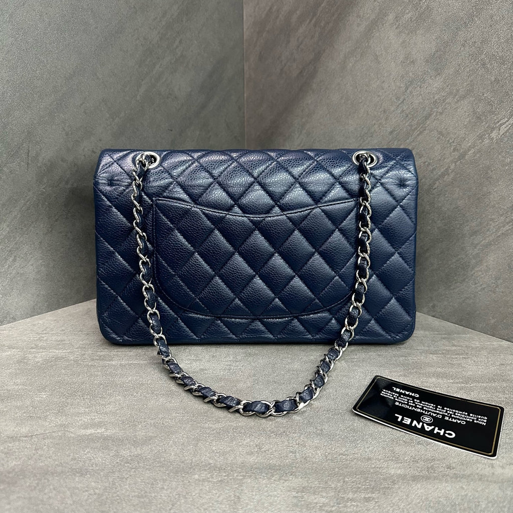 Chanel CF Medium Blue Silver Hardware Litchi Leather Chain Bag 15 Series with Card, Structured Shape, Clean Interior