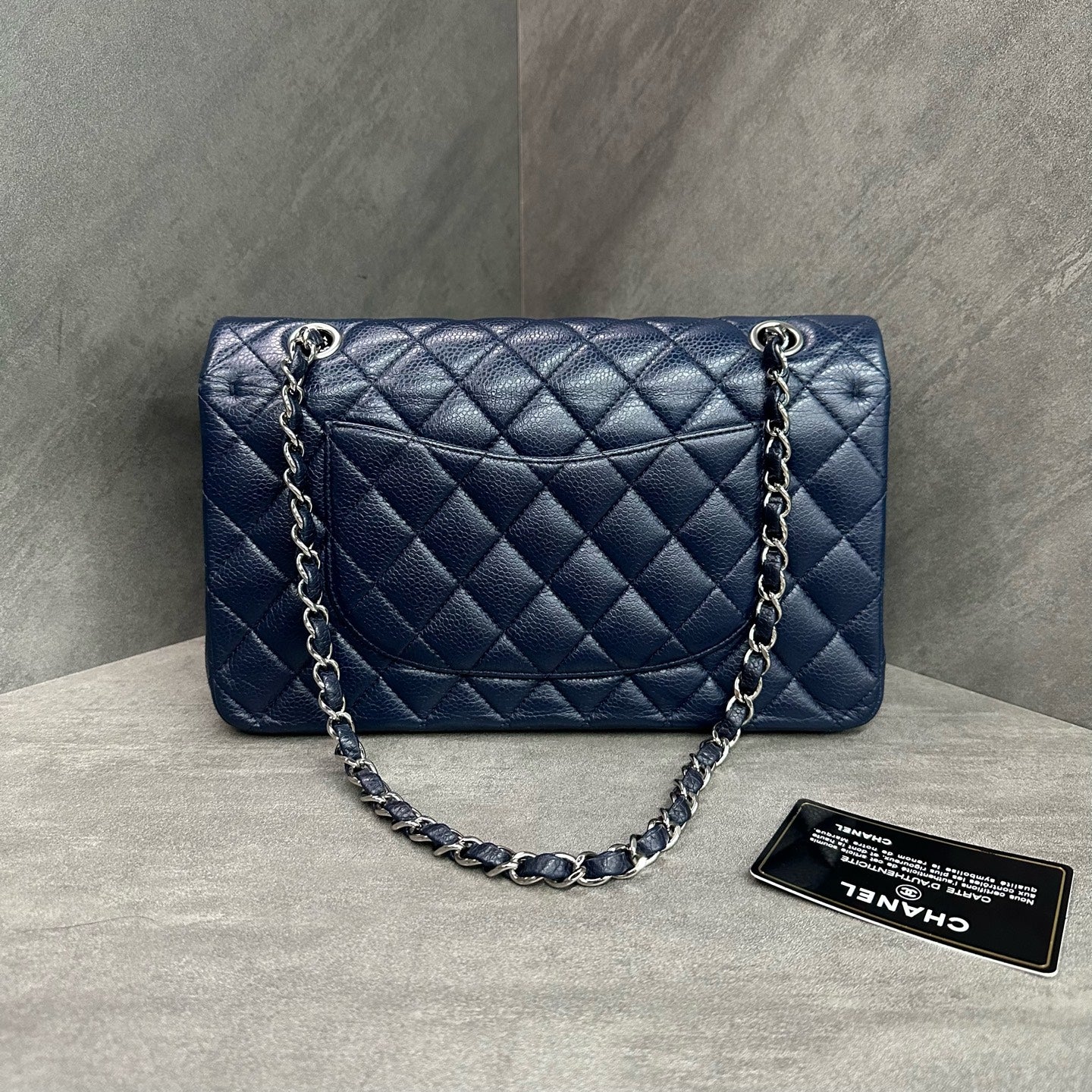 Chanel CF Medium Blue Silver Hardware Litchi Leather Chain Bag 15 Series with Card, Structured Shape, Clean Interior
