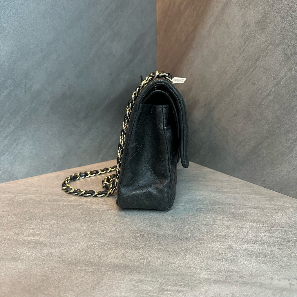 Chanel cf medium size black gold sheepskin chain bag, 16K