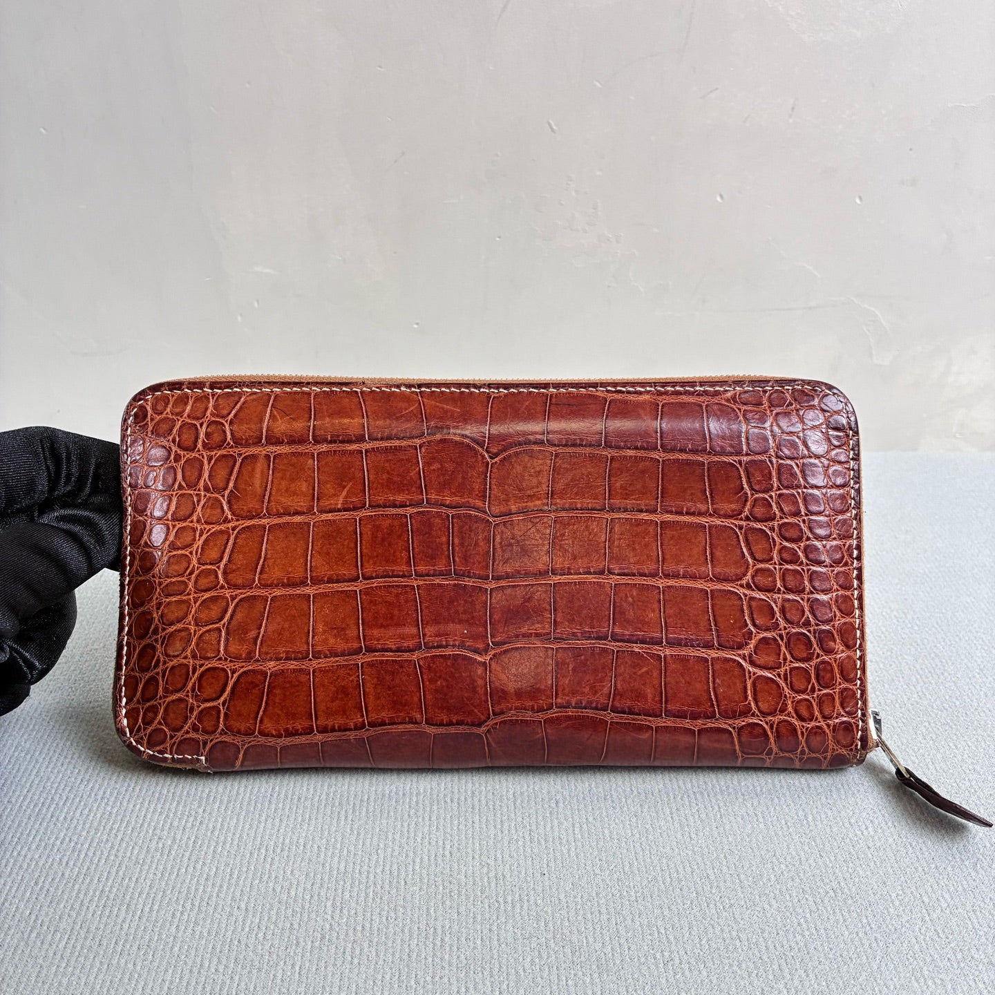 Hermès 99% new K stamp crocodile leather long wallet, red-brown color, size 20*11.