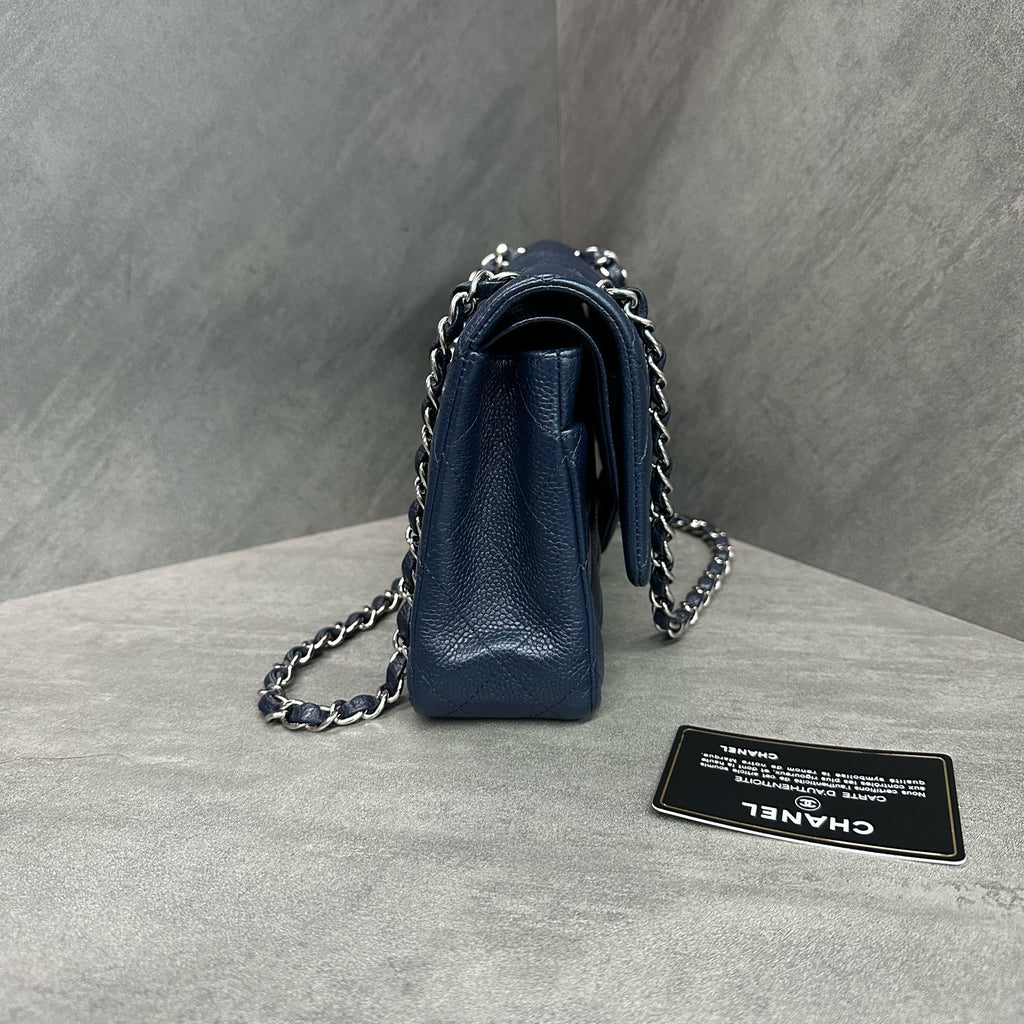 Chanel CF Medium Blue Silver Hardware Litchi Leather Chain Bag 15 Series with Card, Structured Shape, Clean Interior