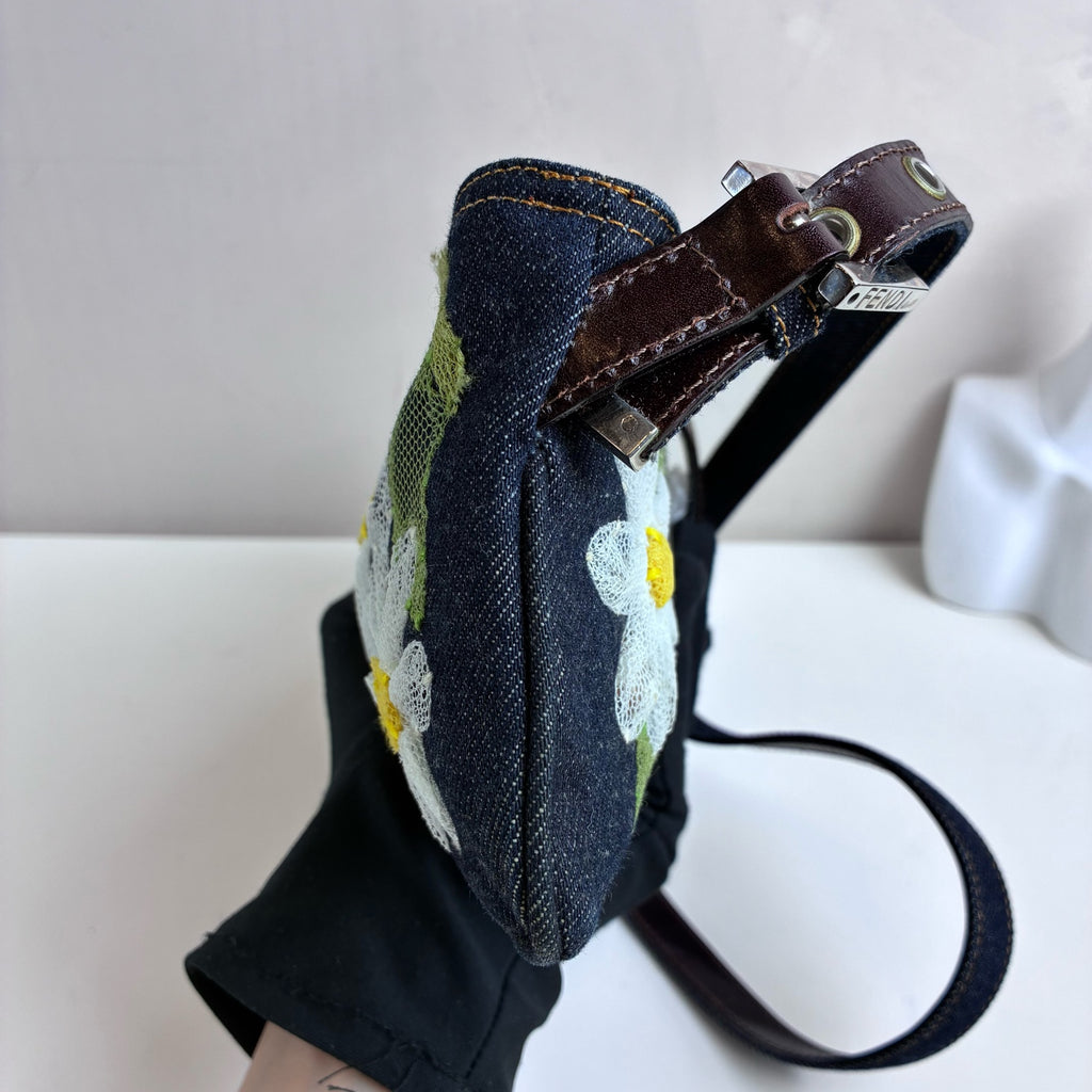 Fendi Baguette Denim Lace Flower Baguette Crossbody Bag 99% New Size: 30*12 Dark Blue