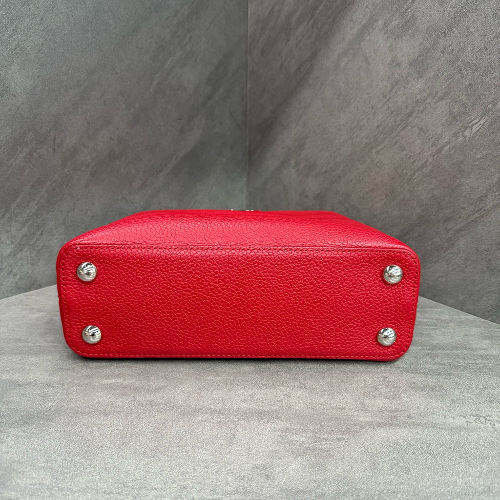 LV Capucines BB, red with silver hardware, grained cowhide, new adjustable shoulder strap, 2018 serial code, original condition