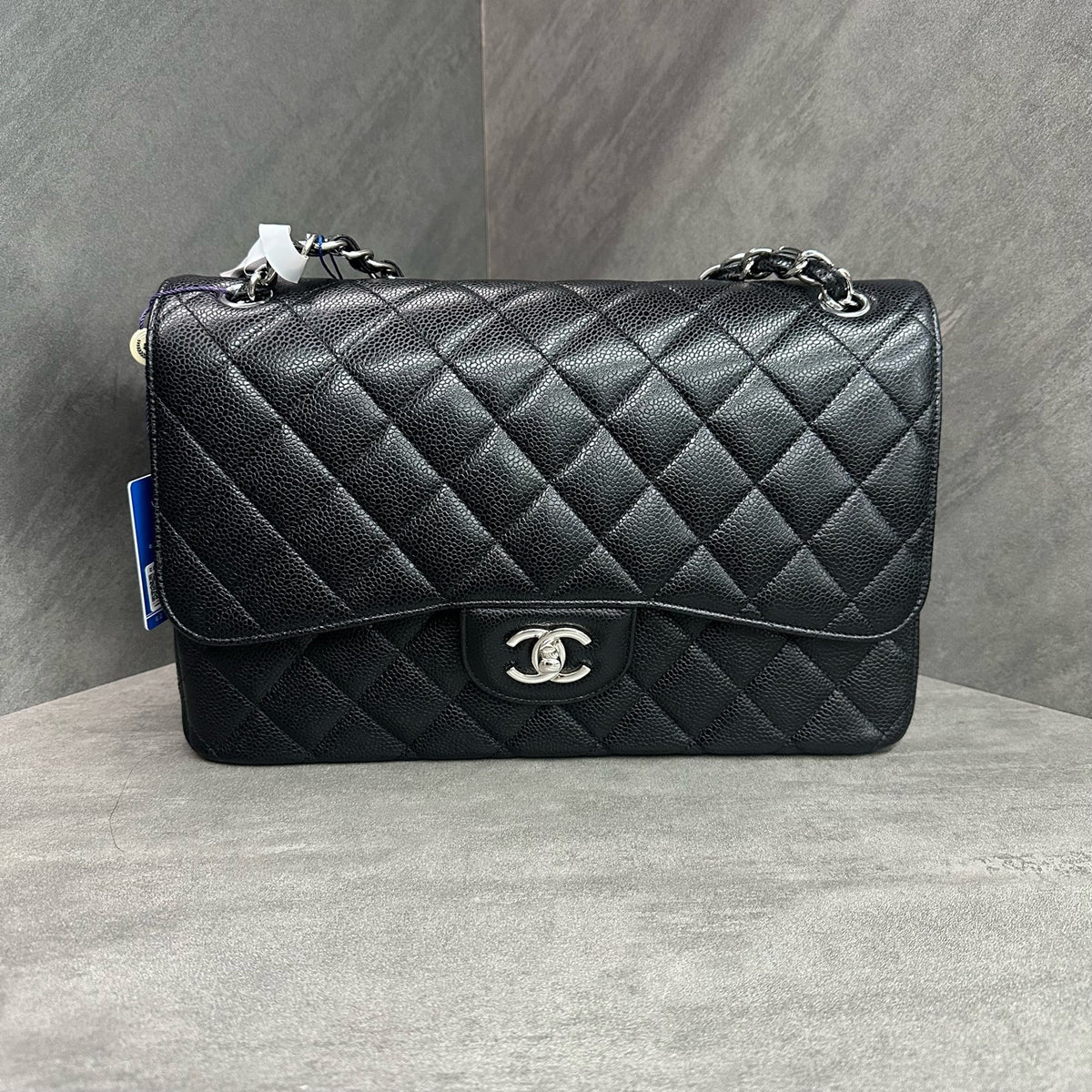 Chanel CF Jumbo Black and Silver Caviar Chain Bag, Chip Version, Structured Shape, Clean Interior.