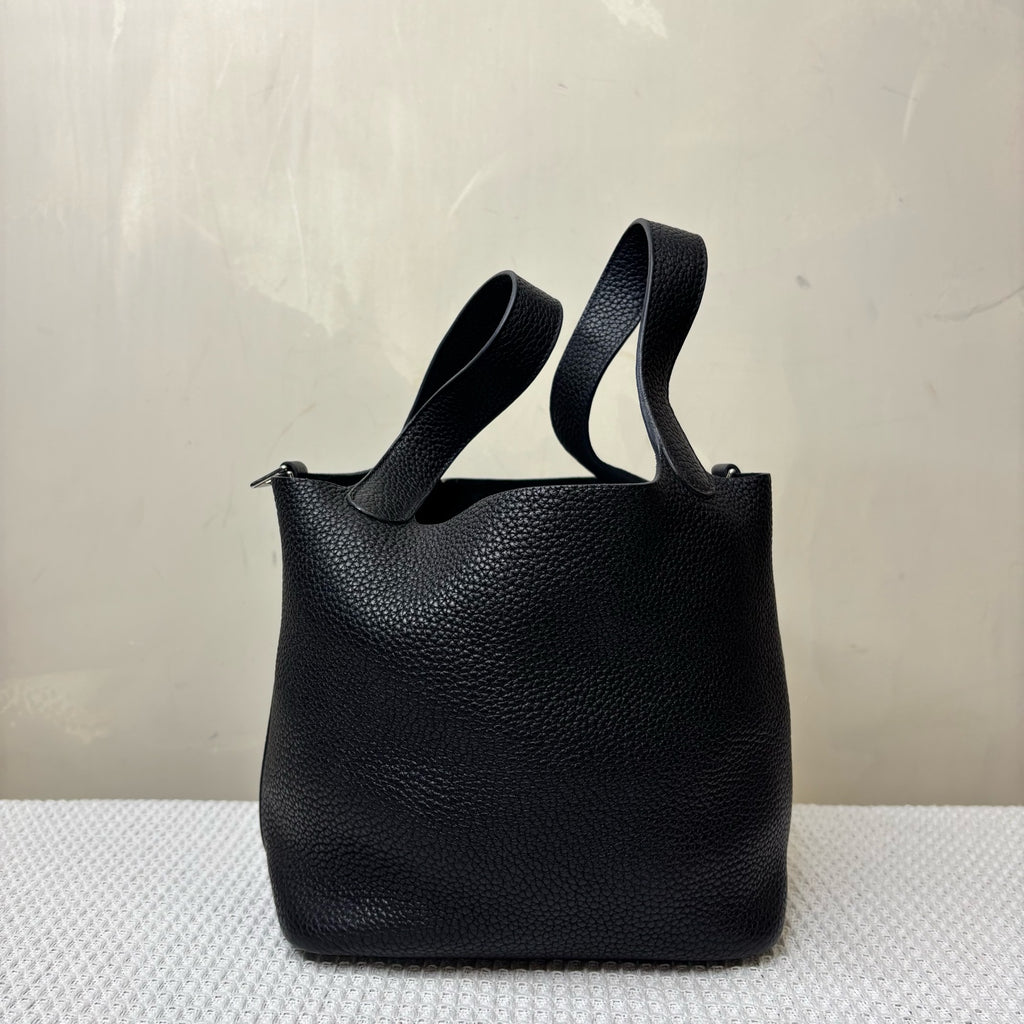 Hermes Frame P Engraved Basket 18 Black Silver Calfskin 99% New