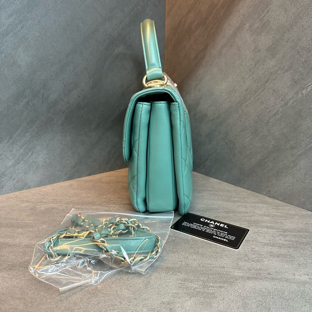 Chanel trendy cc Mint Green gold buckle sheepskin handle bill of lading shoulder bag bottom length 25cm 20 opening strap card