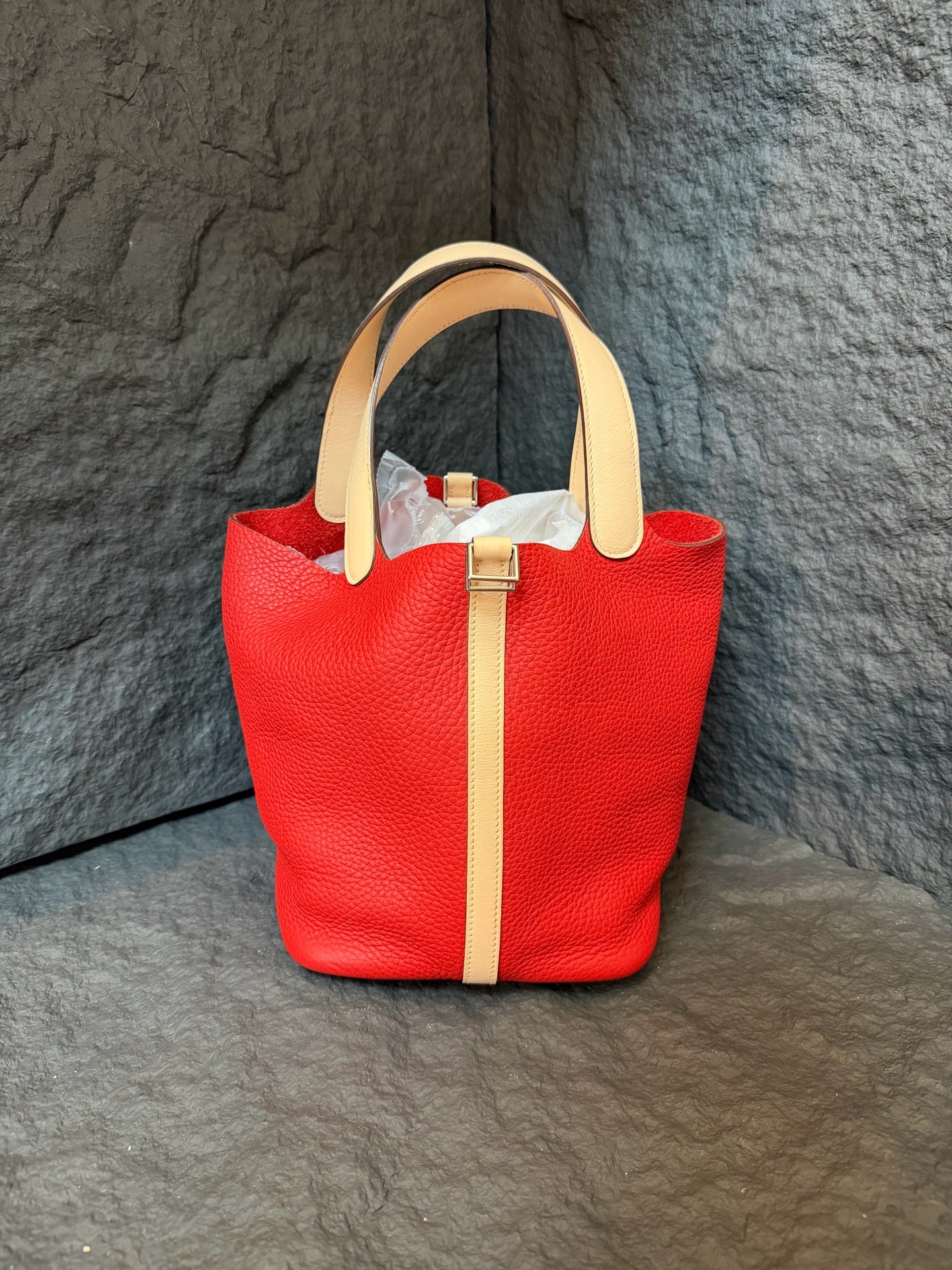 Hermès Picotin 22, tomato red body with rose pink handle, silver hardware, TC leather, X stamp, lock-free