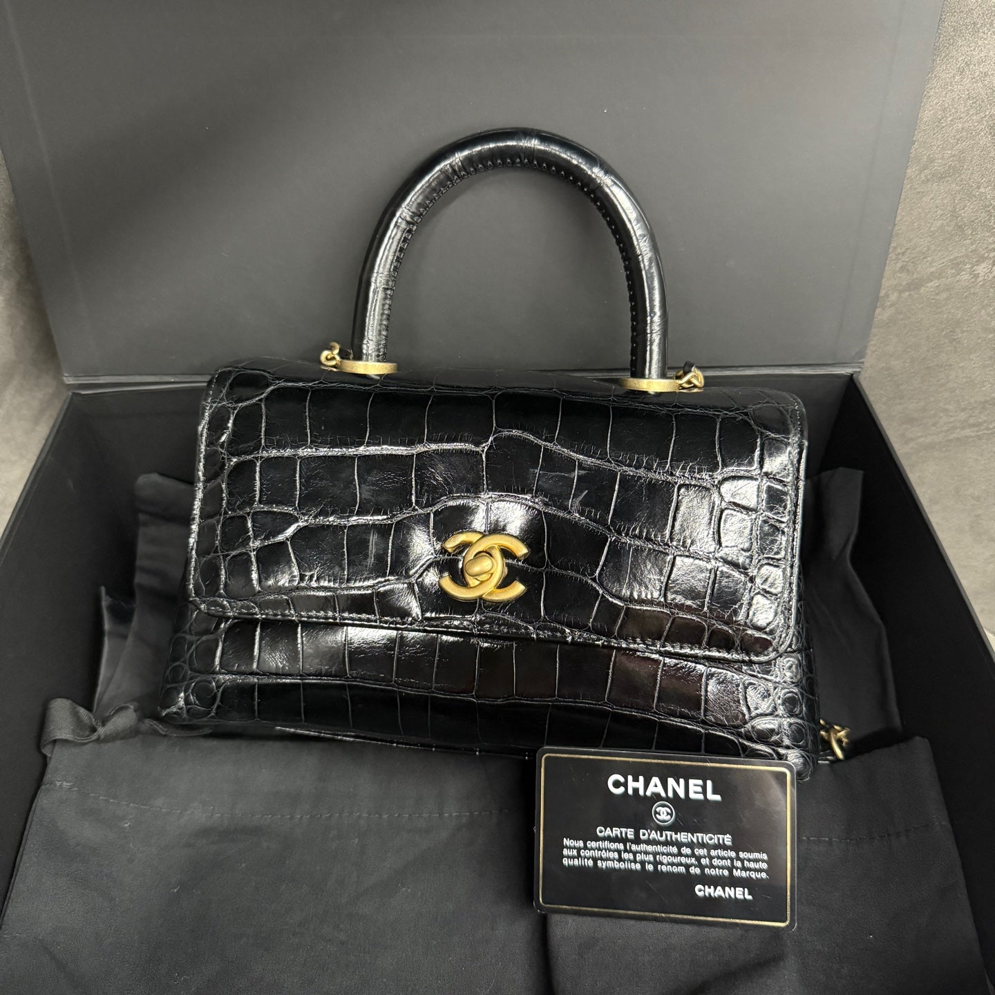 Chanel Black Crocodile Leather Gold-tone Button Coco Handle Small Size, Handle Flip Style, counter price is nearly 400,000, unused condition