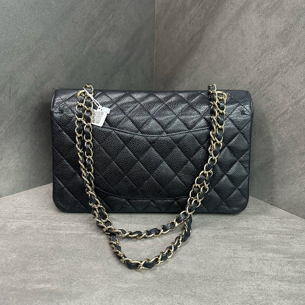 Chanel CF Medium Black Gold Litchi Leather Chain Bag 17 Series, Structured Shape, Clean Interior.