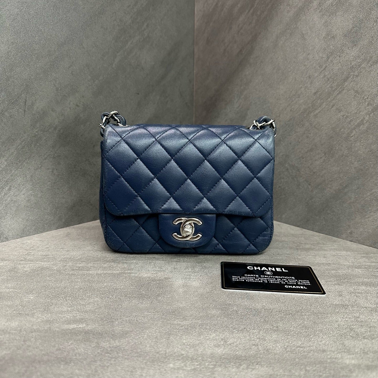Chanel CF Square Chunky Blue Silver Lambskin Chain Bag 22 opening with card, structured shape, and clean interior.