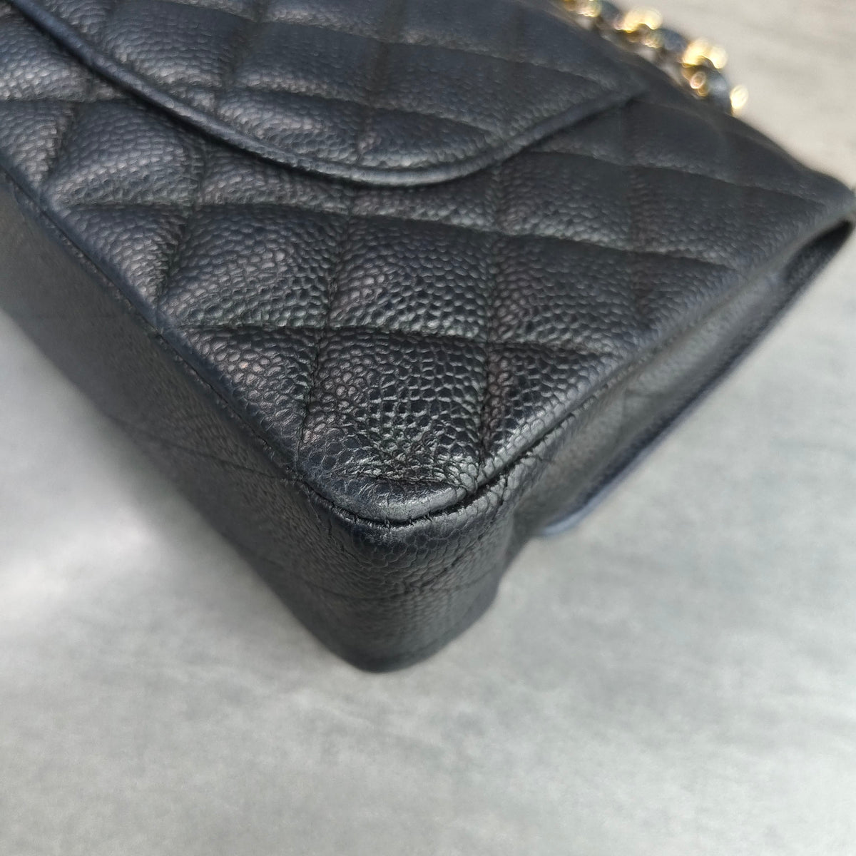 Chanel CF Medium Black and Gold Litchi Leather Chain Bag 23 Opening No Card, Structured Shape