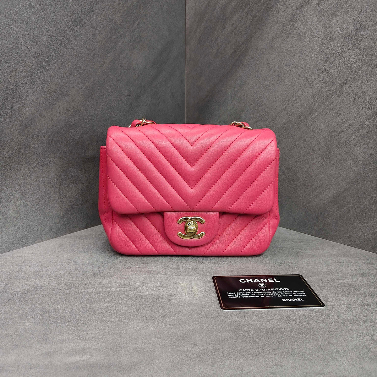 Chanel CF (Classic Flap) Pink with Gold Hardware Lambskin 24 Series Card Holder Bag, Structured Shape.