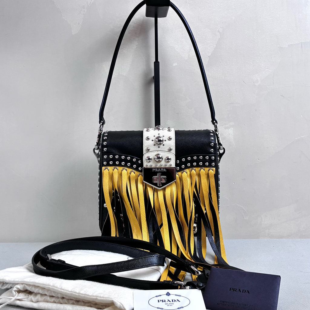 Prada 99% New Color-blocking Fringe Studded Single-shoulder Crossbody Bag Two Replacement Shoulder Straps Cowhide Size 19*18