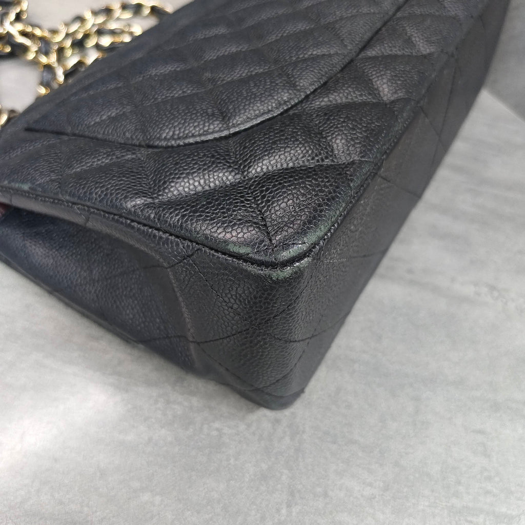 Chanel CF Jumbo Black and Gold Litchi Leather Chain Bag 16 Opening, Structured Shape, Clean Interior