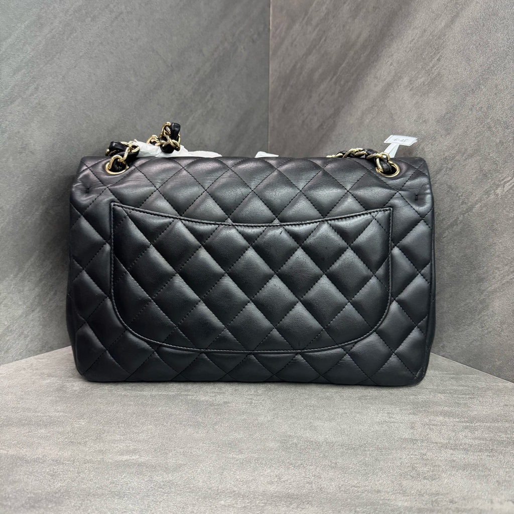 Chanel Black Gold Lambskin Jumbo, 16-inch format, clean interior, in stock at a favorable price