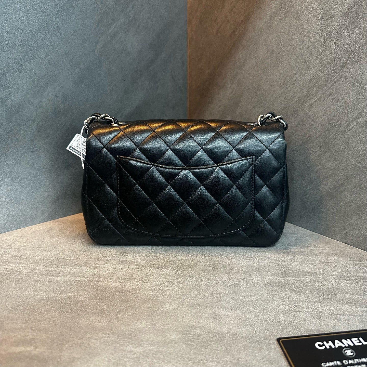 Chanel Large Mini Black Silver Lambskin Chain Bag, 27-series with authenticity card, structured shape, clean interior