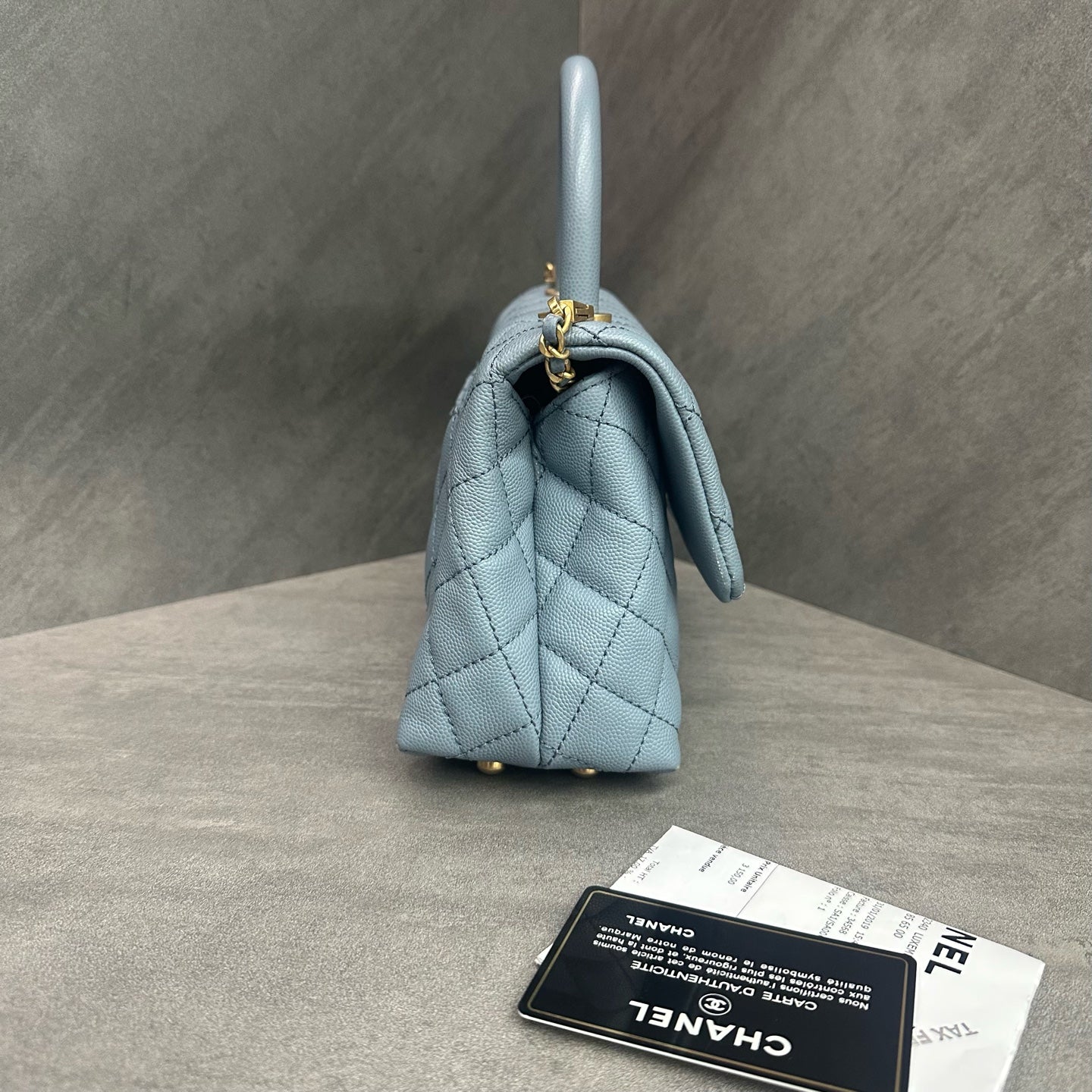 Chanel Coco Handle Small Bag in Sky Blue, Model 27, Includes Card and Receipt, Made of Grained Calfskin.