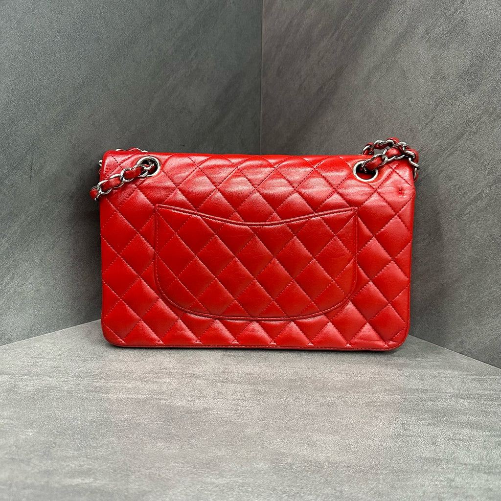 Chanel CF Medium Red Silver Lambskin Chain Bag, 15 Opening, Interior Clean.