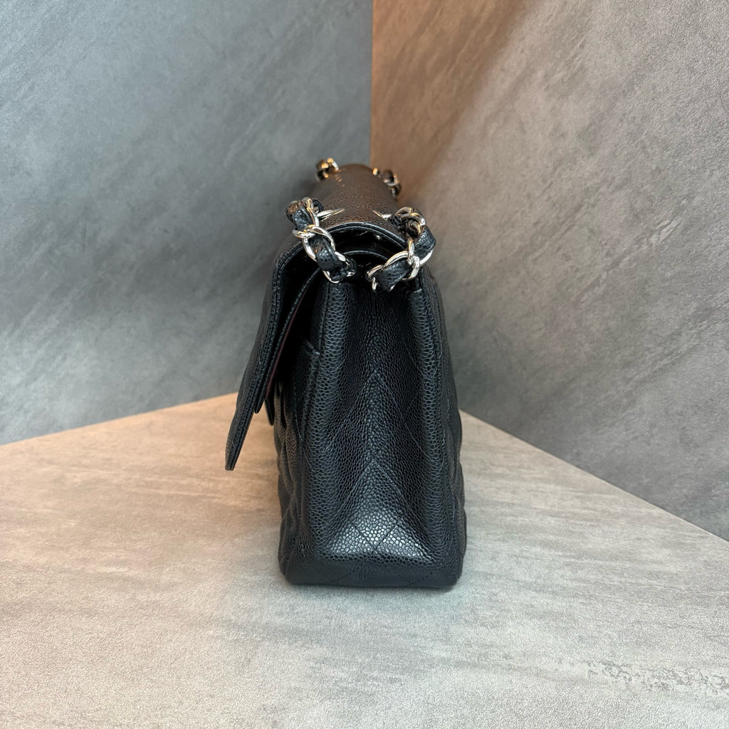 Chanel Jumbo Large Black and Silver Craquelé Lambskin Bag, Structured Shape, Clean Interior, 15 Openings, Original Condition.