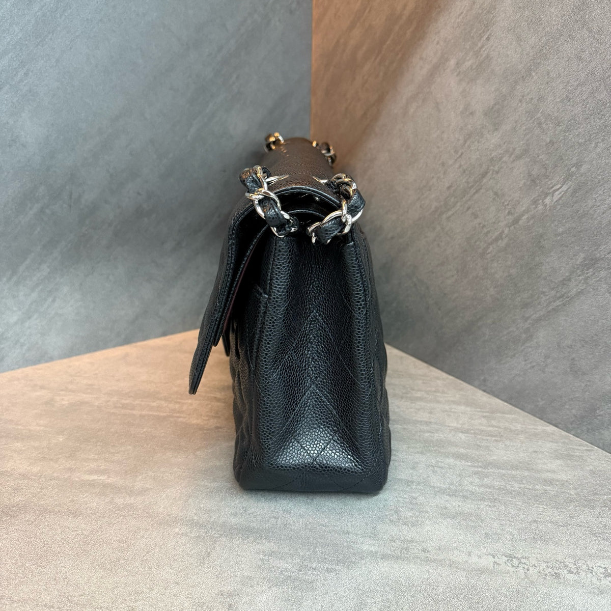 Chanel Jumbo Large Black and Silver Craquelé Lambskin Bag, Structured Shape, Clean Interior, 15 Openings, Original Condition.