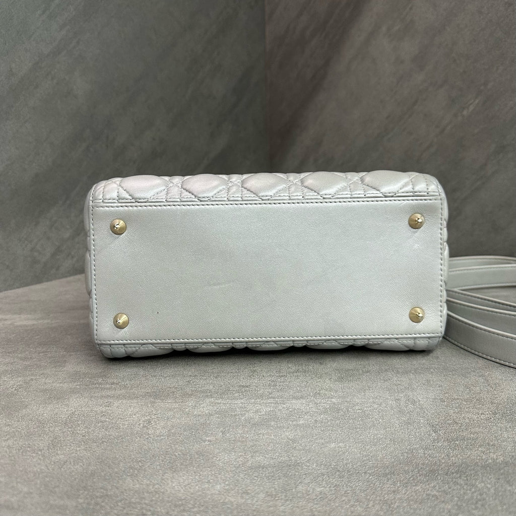 Dior Gray Lady Dior Bag with Adjustable Shoulder Strap, Structured Shape, Clean Interior.