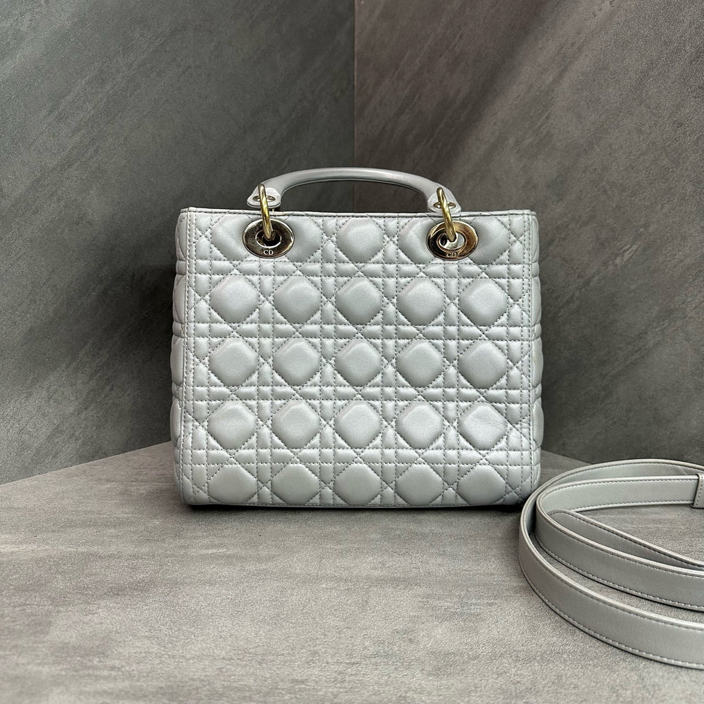 Dior Gray Lady Dior Bag with Adjustable Shoulder Strap, Structured Shape, Clean Interior.