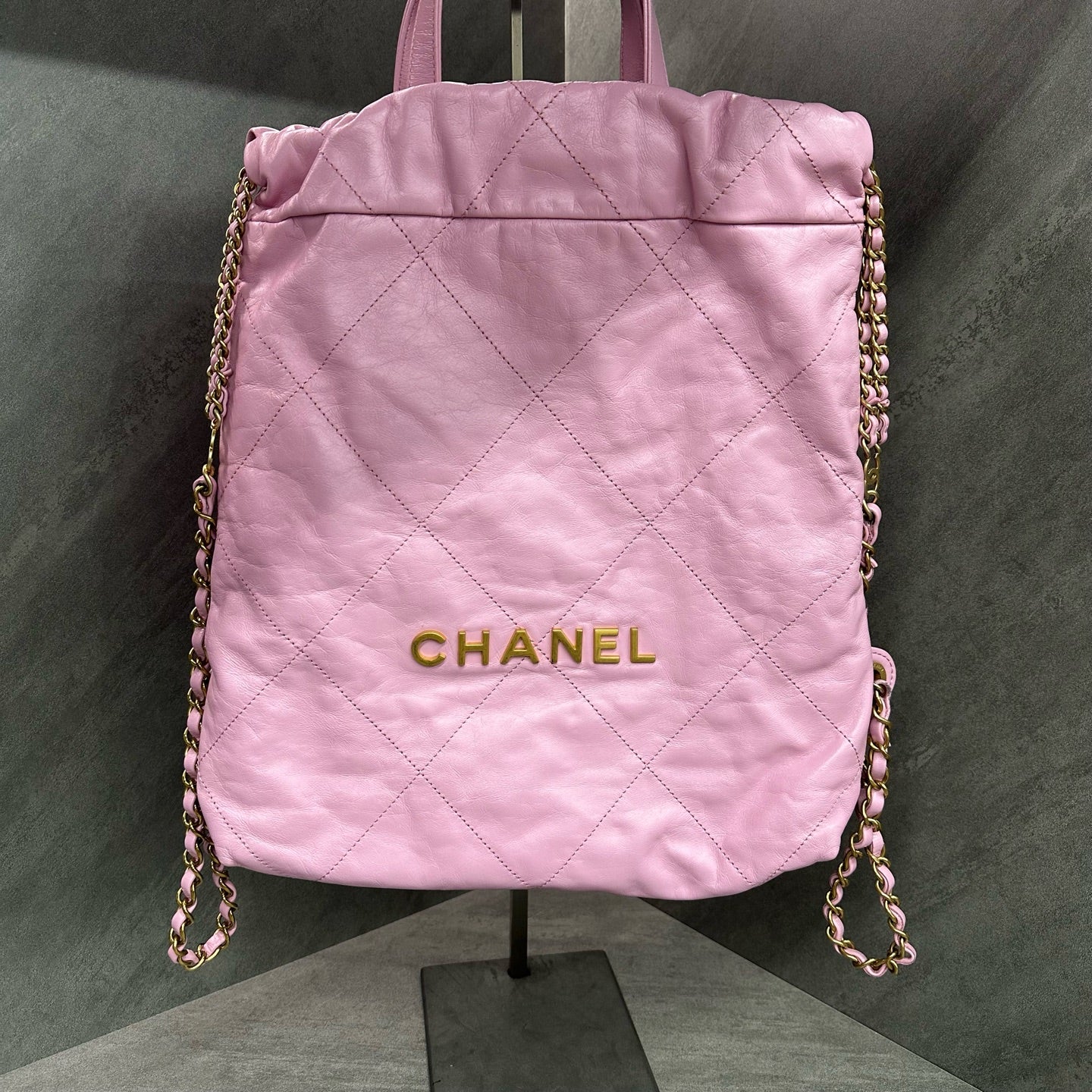 Chanel Pink and Gold Logo Quilted 22 Bag Small Backpack Chip (Consignment)