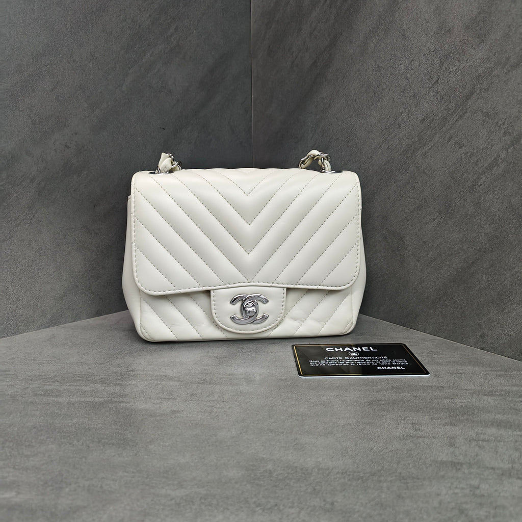 Chanel CF Square Pouch White V-Pattern Lambskin Silver Hardware Chain Bag + 30% Off + Includes Card