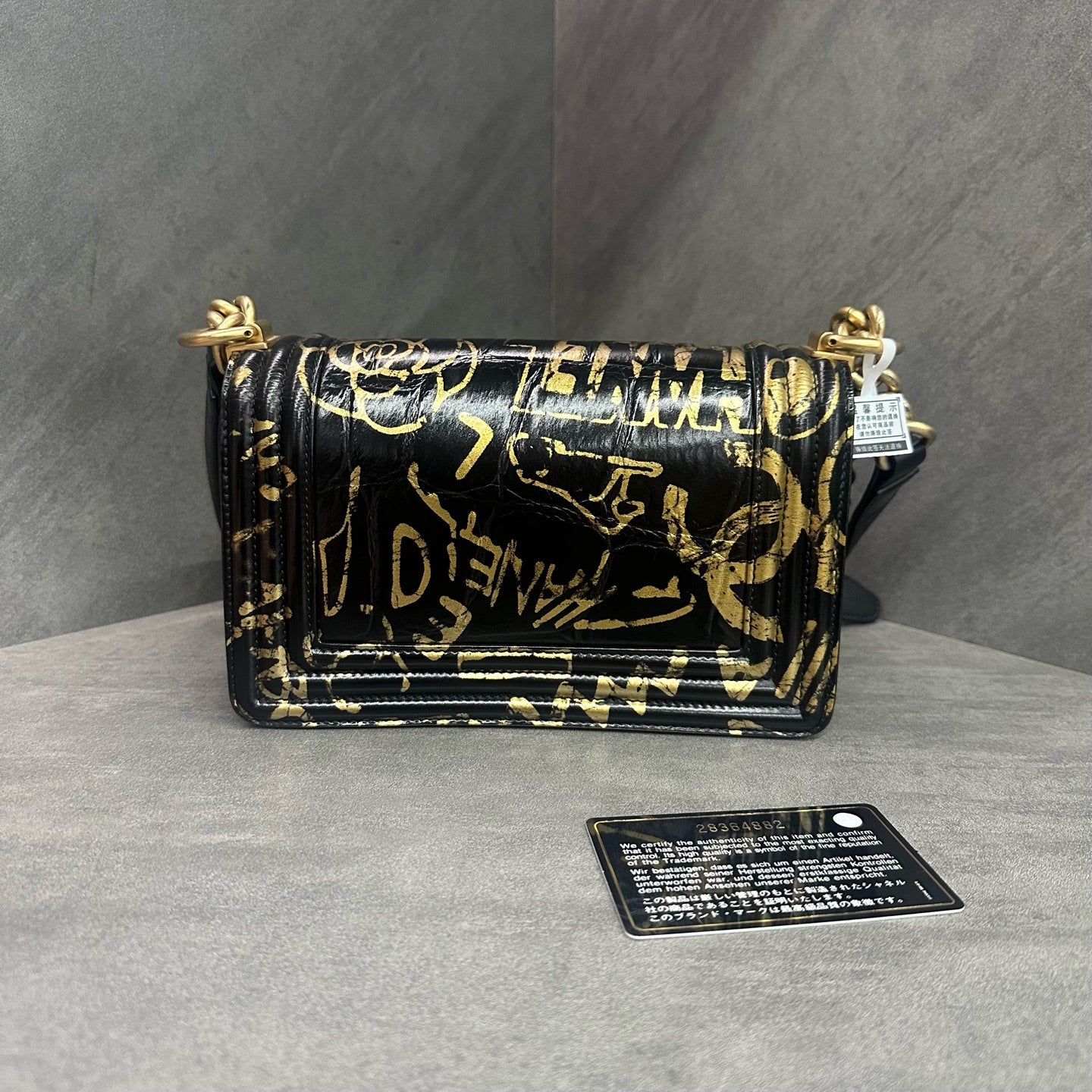 Chanel Le Boy Small Size Egypt Limited Edition Black Gold Crocodile-Embossed Logo Graffiti Crossbody Bag, 28 Serial Number with Authenticity Card
