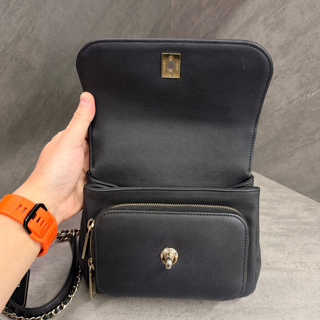 Chanel Affinity Small Black Gold Messenger Bag, Black Gold Litchi Cowhide, 27-series with authenticity card