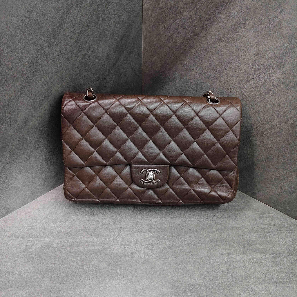 Chanel CF Medium Brown Silver Lambskin Chain Bag 13 Open Without Card Structured Shape Clean Interior