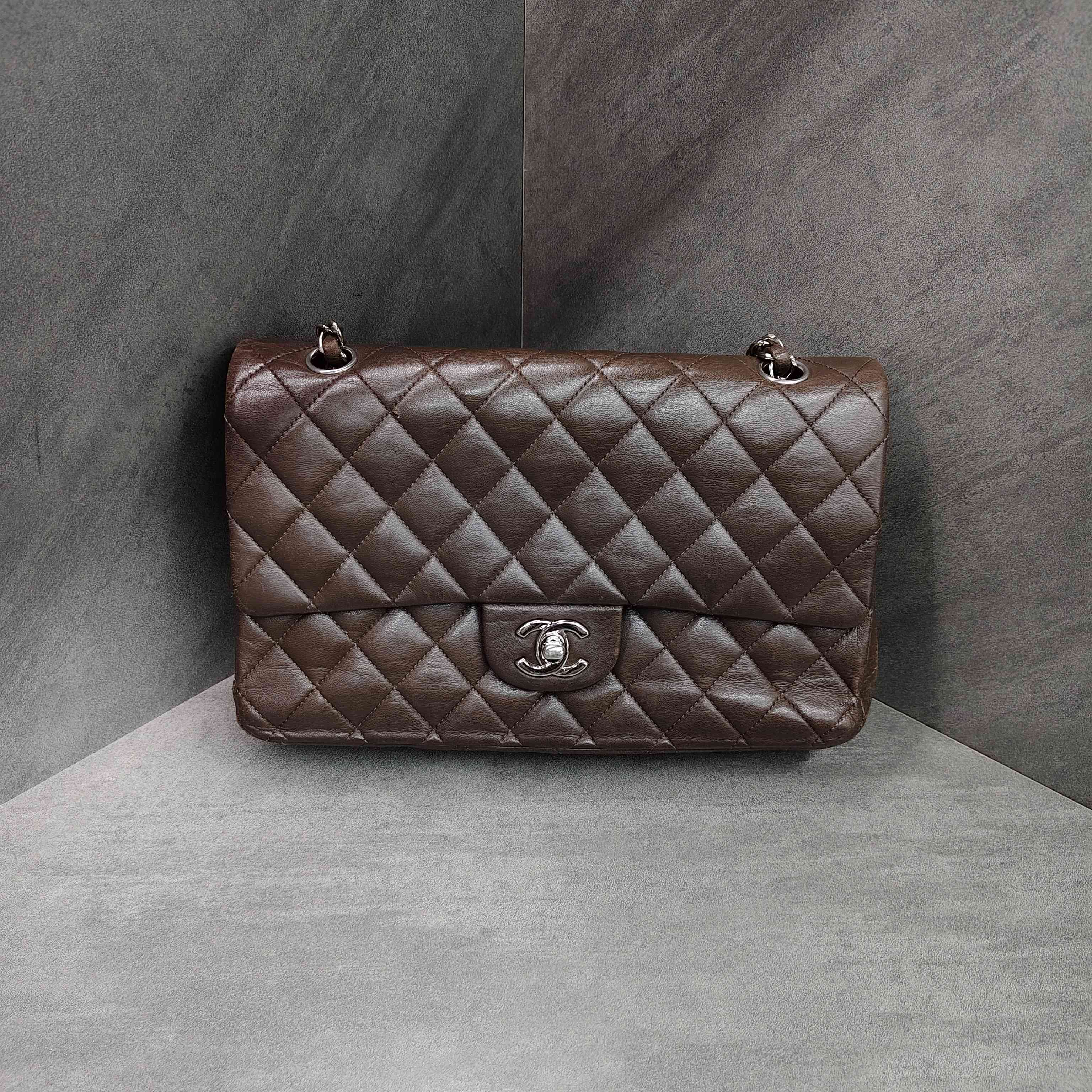 Chanel CF Medium Brown Silver Lambskin Chain Bag 13 Open Without Card Structured Shape Clean Interior